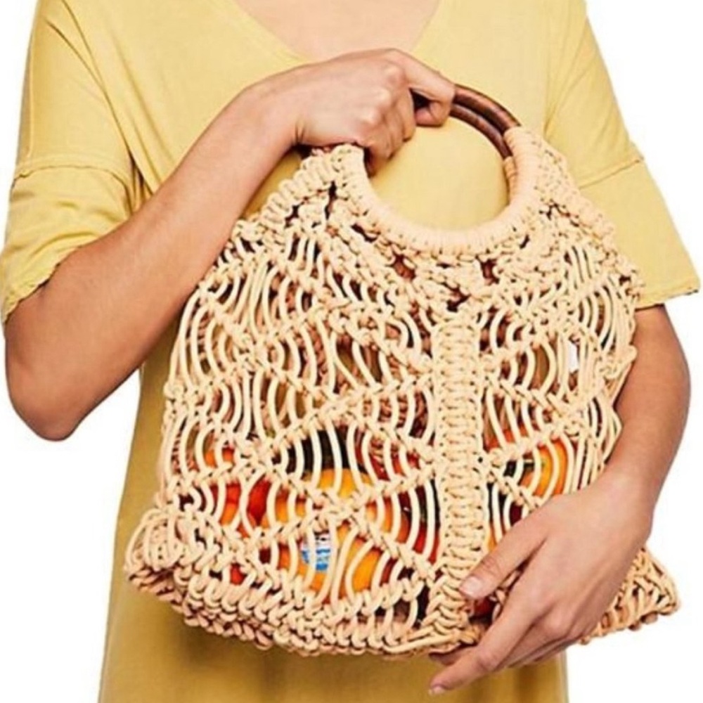 Free People Cream Macramé Tote with Wood Handles